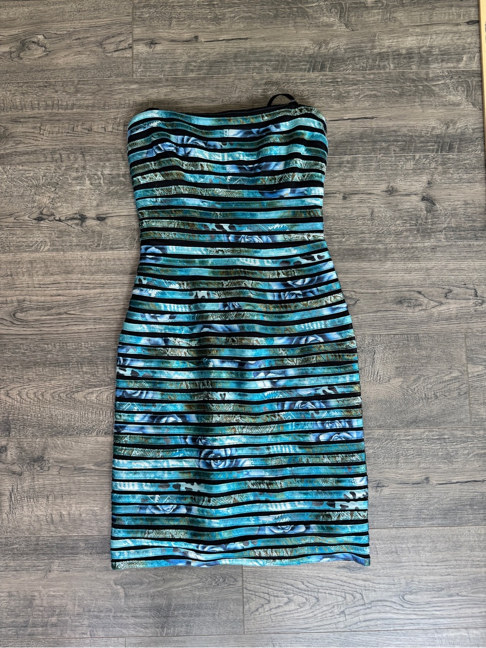 Xscape Y2K Strapless Blue Teal Striped Snakeskin Print Bodycon Dress